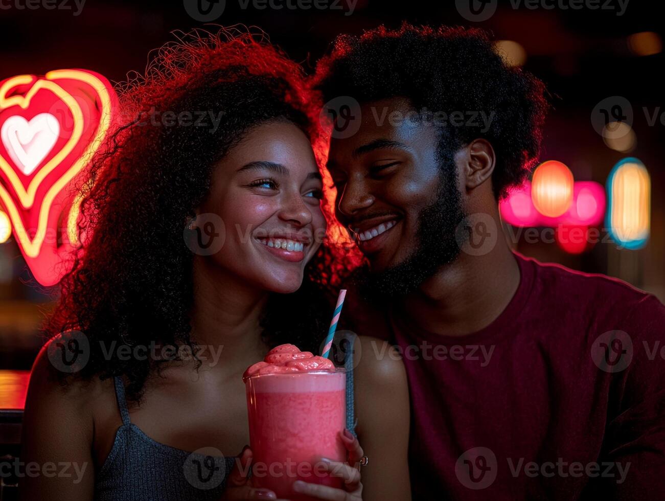 In lively retro diner teenage African American couple enjoys shared milkshake. Their joyful smiles and playful expressions capture moment of connection amidst neon hues photo