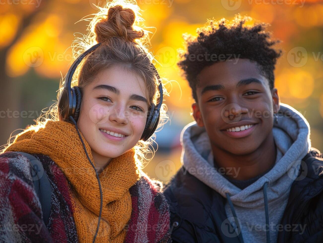 Two joyful teenagers share headphones while sitting on park bench. Their affectionate expressions highlight moment of connection and happiness in bright midday light photo