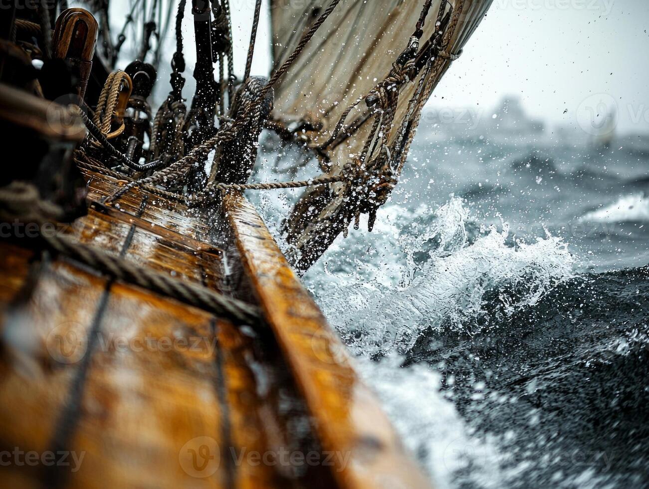 skilled wooden sailboat navigates turbulent waters its torn sails snapping in wind as water drenches deck. dramatic lighting accentuates texture of wet wood photo