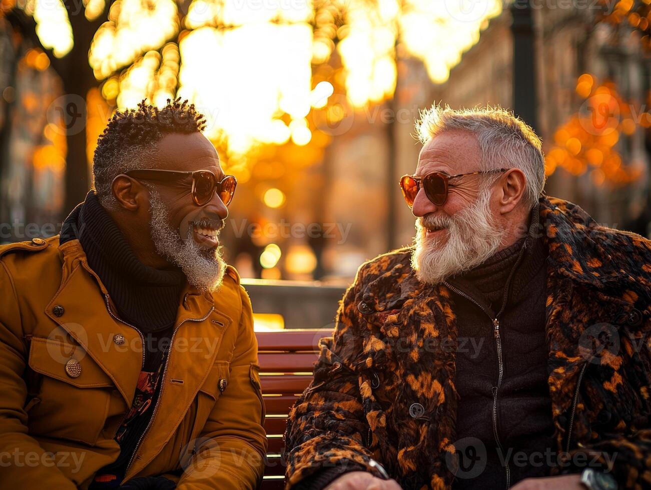 elderly gay couple sits closely on park bench holding hands and smiling each other during golden hour. warm light highlights their joyful expressions as they share special moment photo