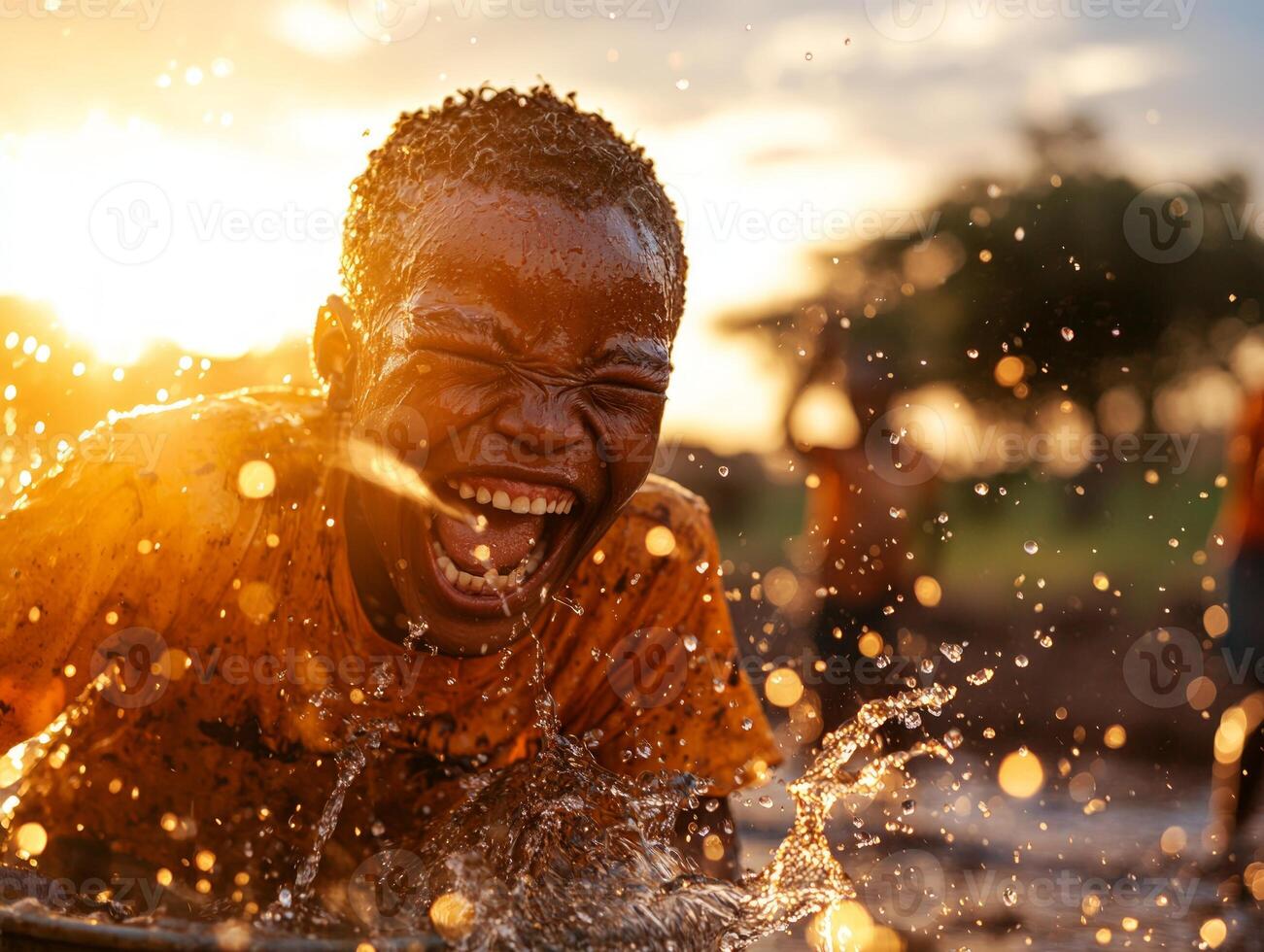 child from Africa laughs joyfully while splashing water from bucket in village setting. warm midday light enhances lively atmosphere of moment photo
