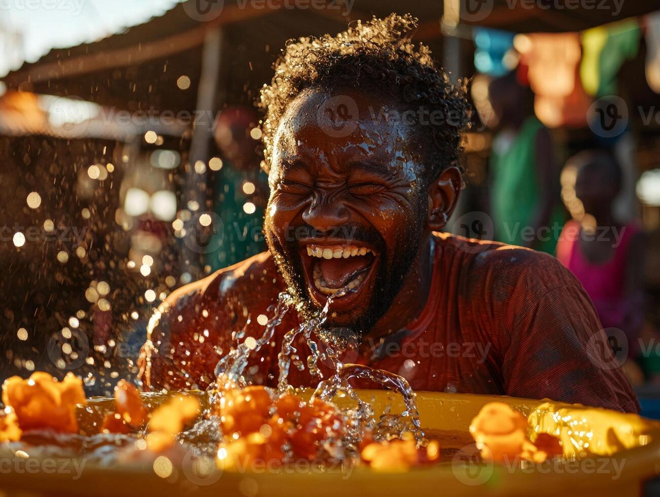 child is laughing happily while splashing water from bucket in vibrant village setting filled lively colors and bright midday sunlight creating joyful atmosphere photo