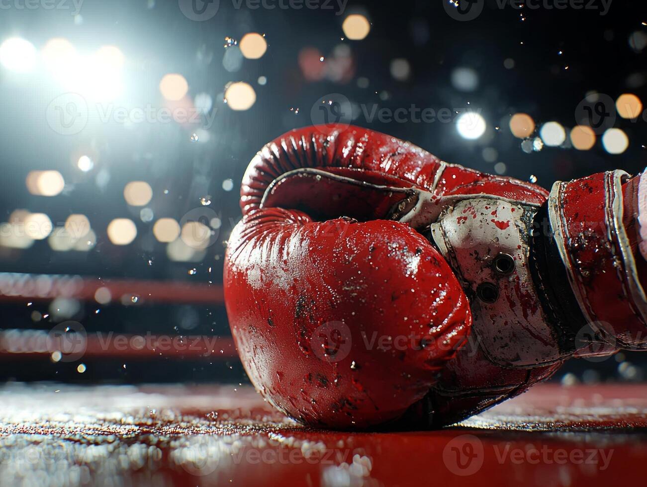 Close up view of boxing ring corner featuring pair of worn gloves hanging on ropes. Sweat stains are visible as soft spotlight casts emphasis on scene photo