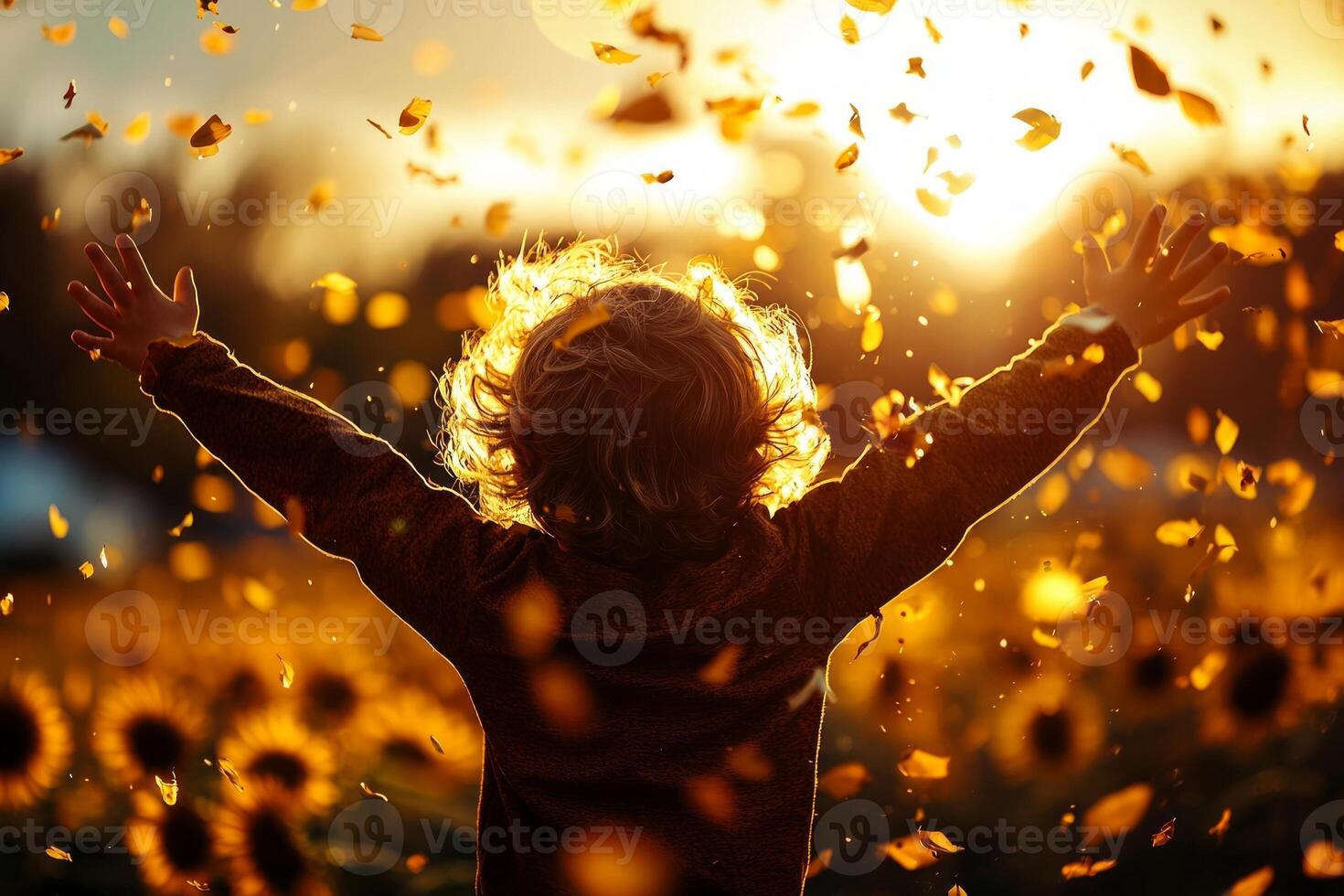 child curly hair runs energetically through sunflower field arms wide open as petals swirl in air warm sunlight embodying joy and freedom photo