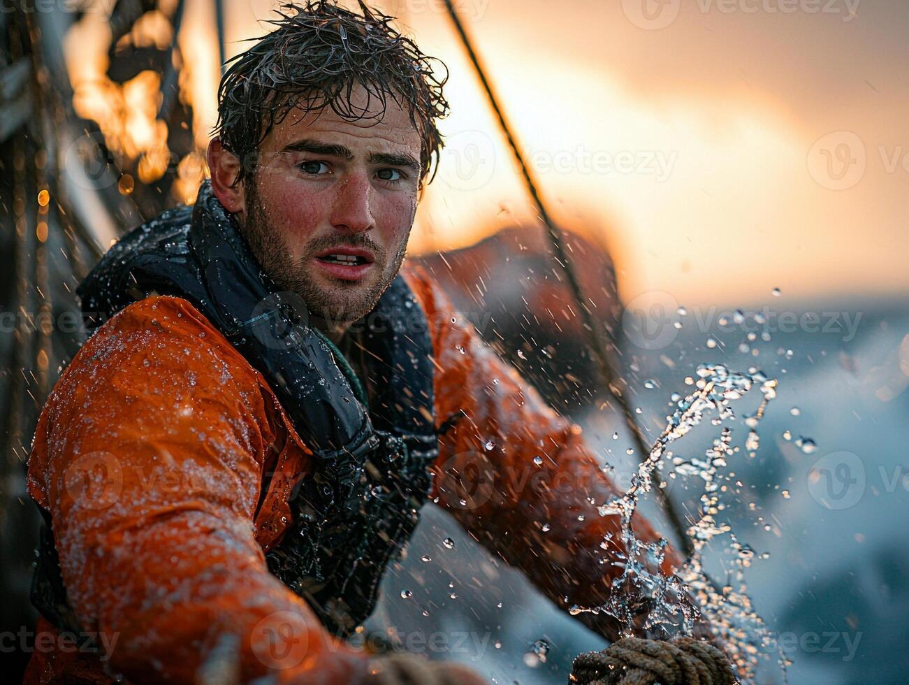 crew member battles fierce waves on fishing trawler gripping ropes tightly. Drenched in rain their expression reveals determination against stormy backdrop photo