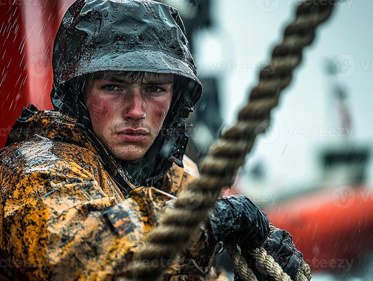 On fishing trawler during storm crew member grips ropes tightly as waves crash over side. Rain soaked and focused they navigate challenging weather conditions photo