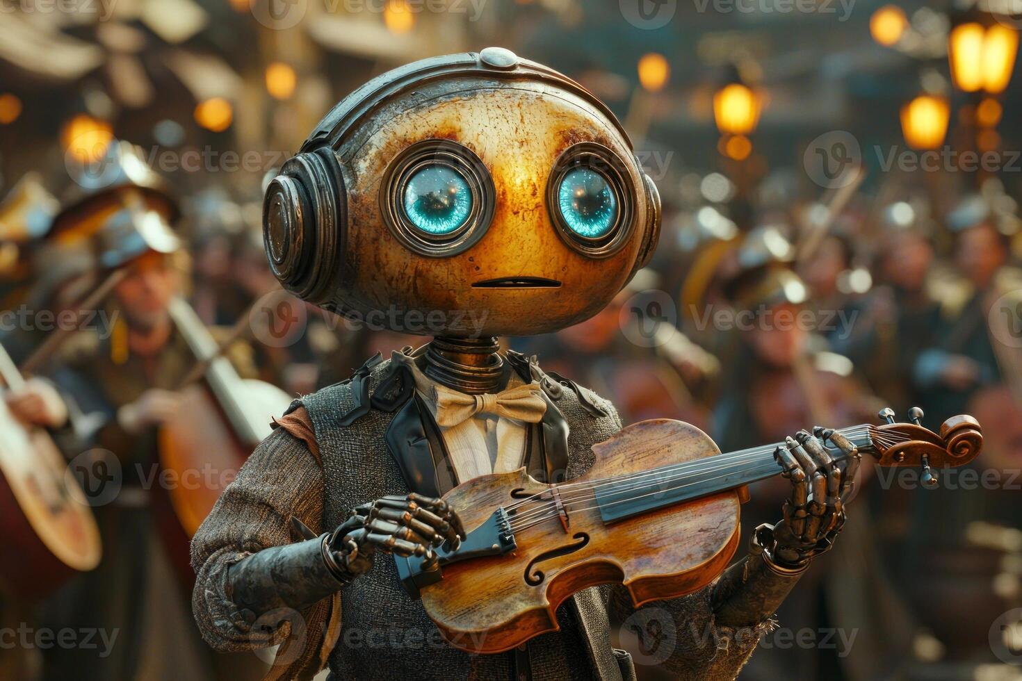 robot in tuxedo mimics conductor's movements while leading group of medieval musicians. warm ambiance features rich golds and reds accented glowing lanterns photo
