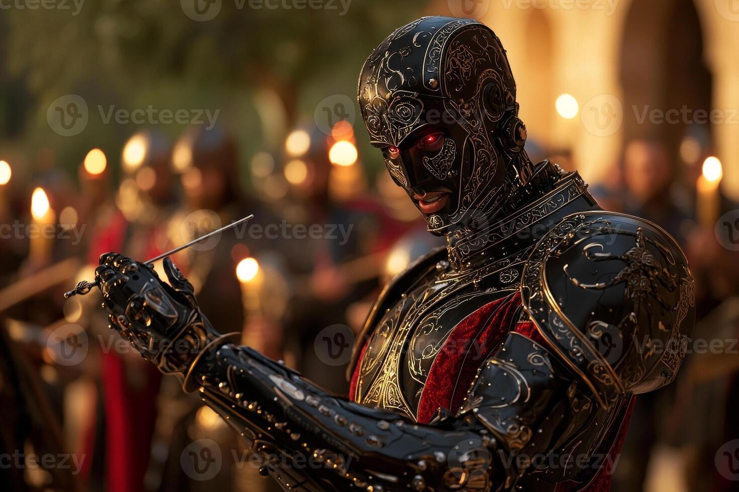 robot dressed in tuxedo conducts group of medieval musicians gesturing dramatically while surrounded glowing lanterns. Rich golds and reds create festive atmosphere photo
