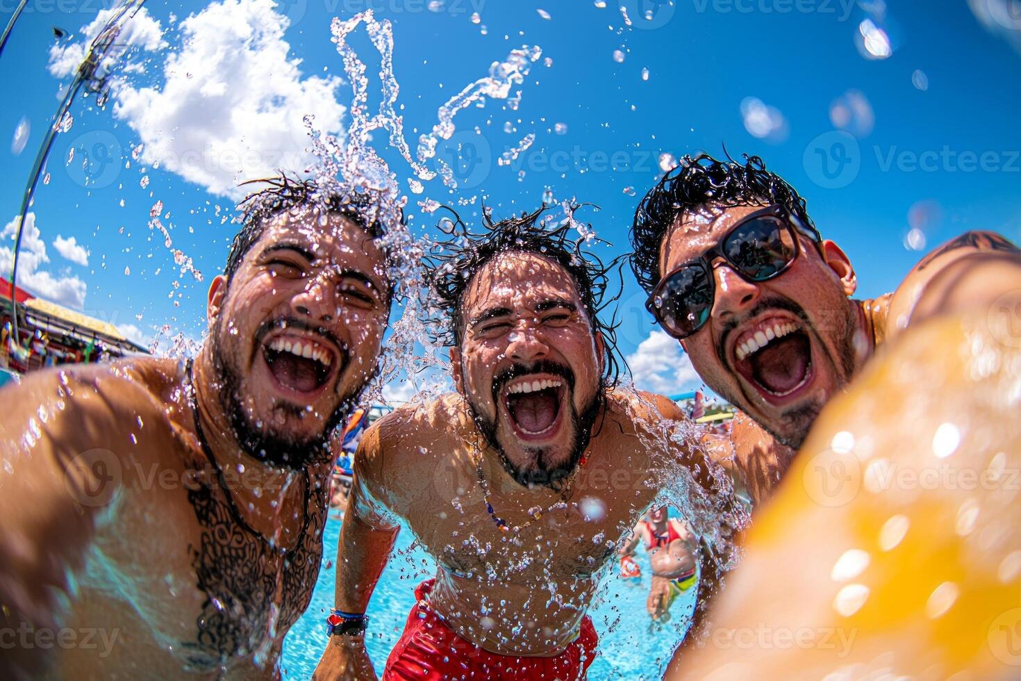 Two young men share joyful moment while jumping into swimming pool capturing laughter and excitement as water splashes around them sunny skies photo