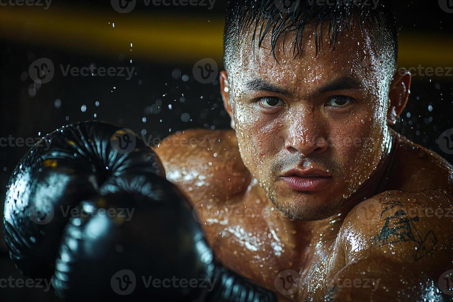 boxer prosthetic arm is captured mid punch in boxing ring. Sweat cascades off his body as he showcases strength and determination in vibrant display of athleticism photo