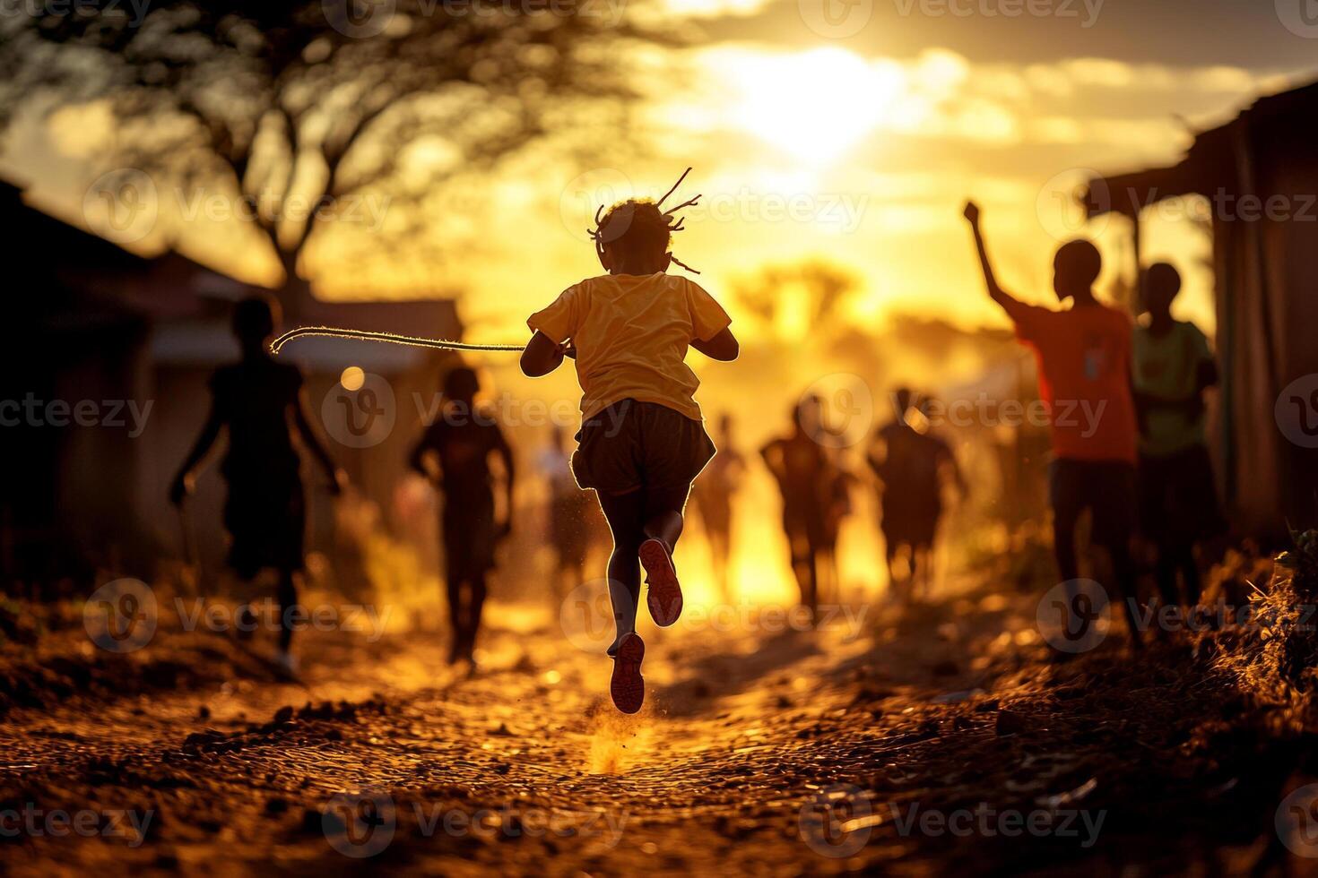 energetic girl leaps in air while jumping rope along dusty path. Friends cheer her on as warm midday sun casts golden glow on joyful moment photo