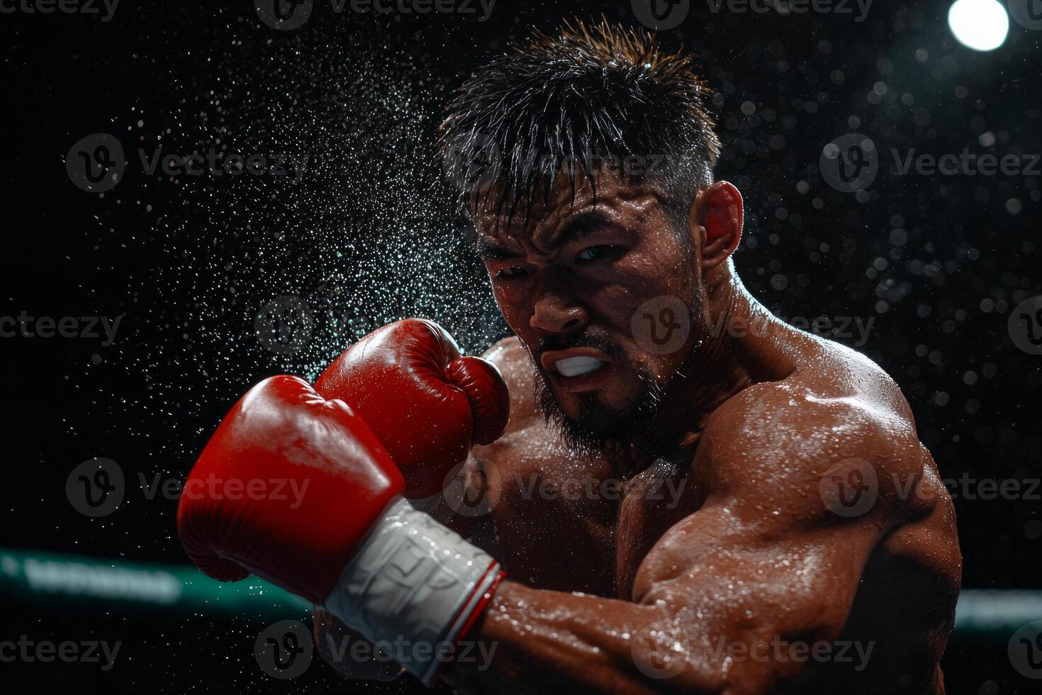 Asian boxer showcases immense strength and determination striking powerful punch in ring as sweat flies in striking display of athleticism and skill photo