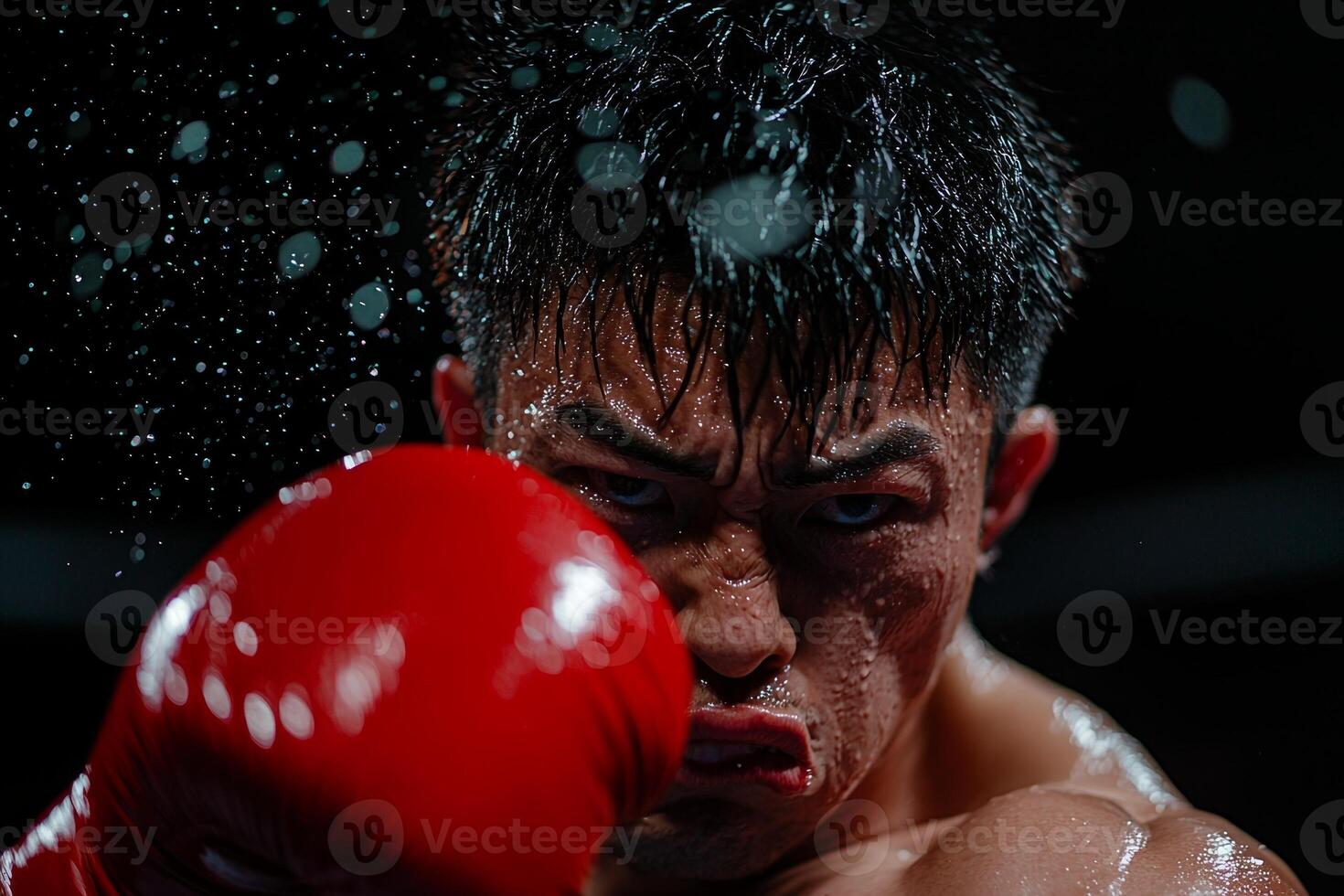 Asian boxer prosthetic arm is delivering powerful punch in dramatic ring setting. Sweat is flying as he demonstrates skill and determination bright spotlighting photo