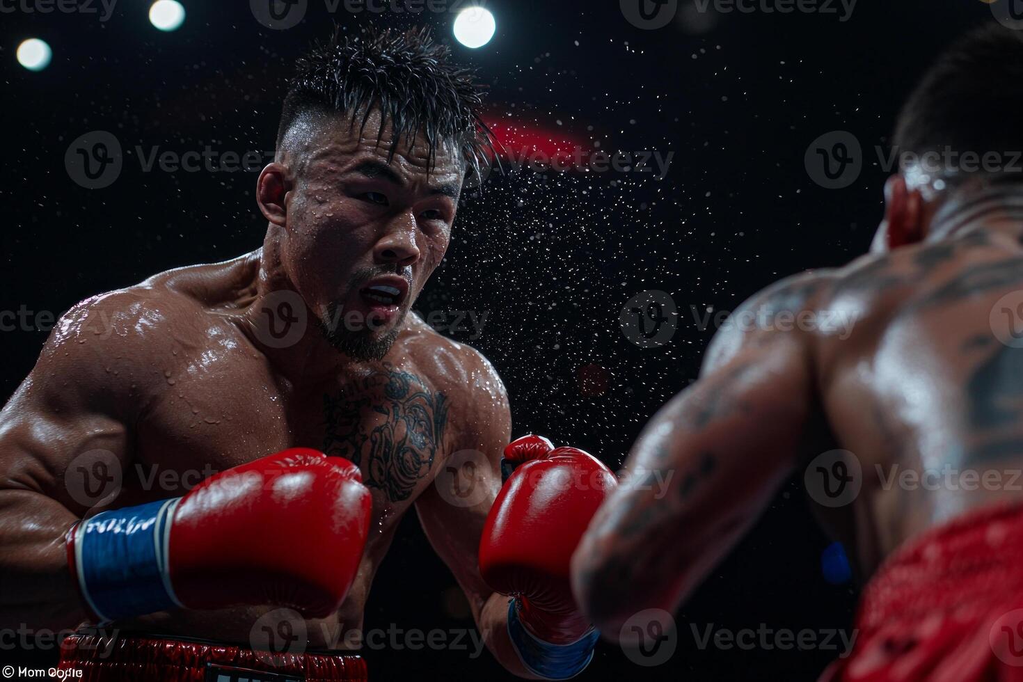 Asian boxer prosthetic arm focuses intently while delivering powerful punch during match. Sweat flies in dramatic lighting capturing intensity of moment photo