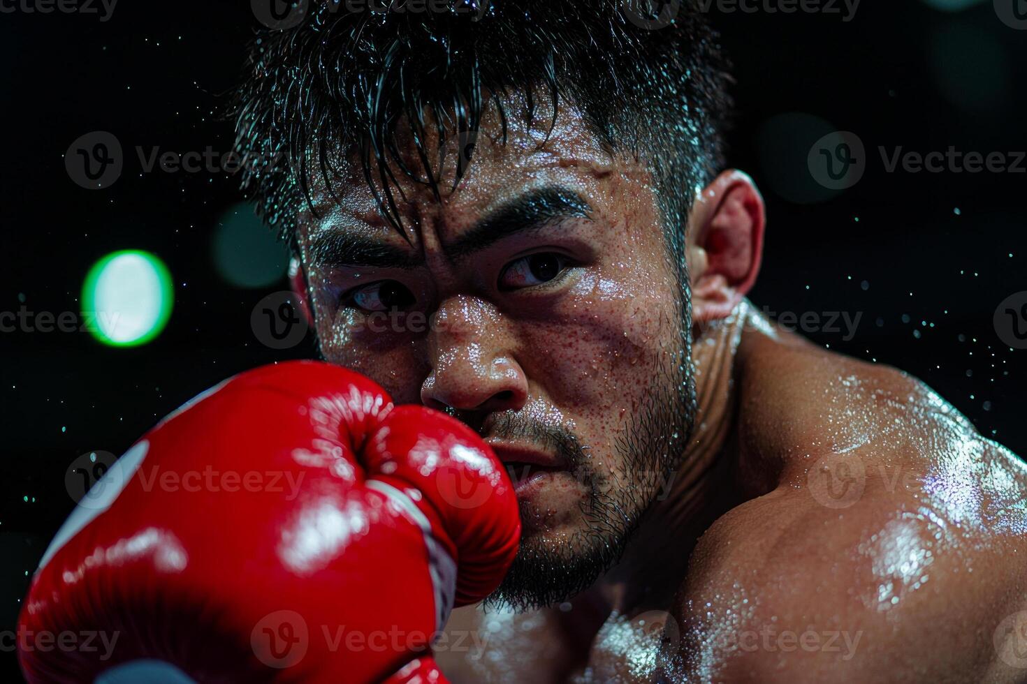 In dramatic ring setting Asian boxer prosthetic arm showcases determination as he lands powerful punch. Sweat sprays mid action highlighting his intensity and skill photo
