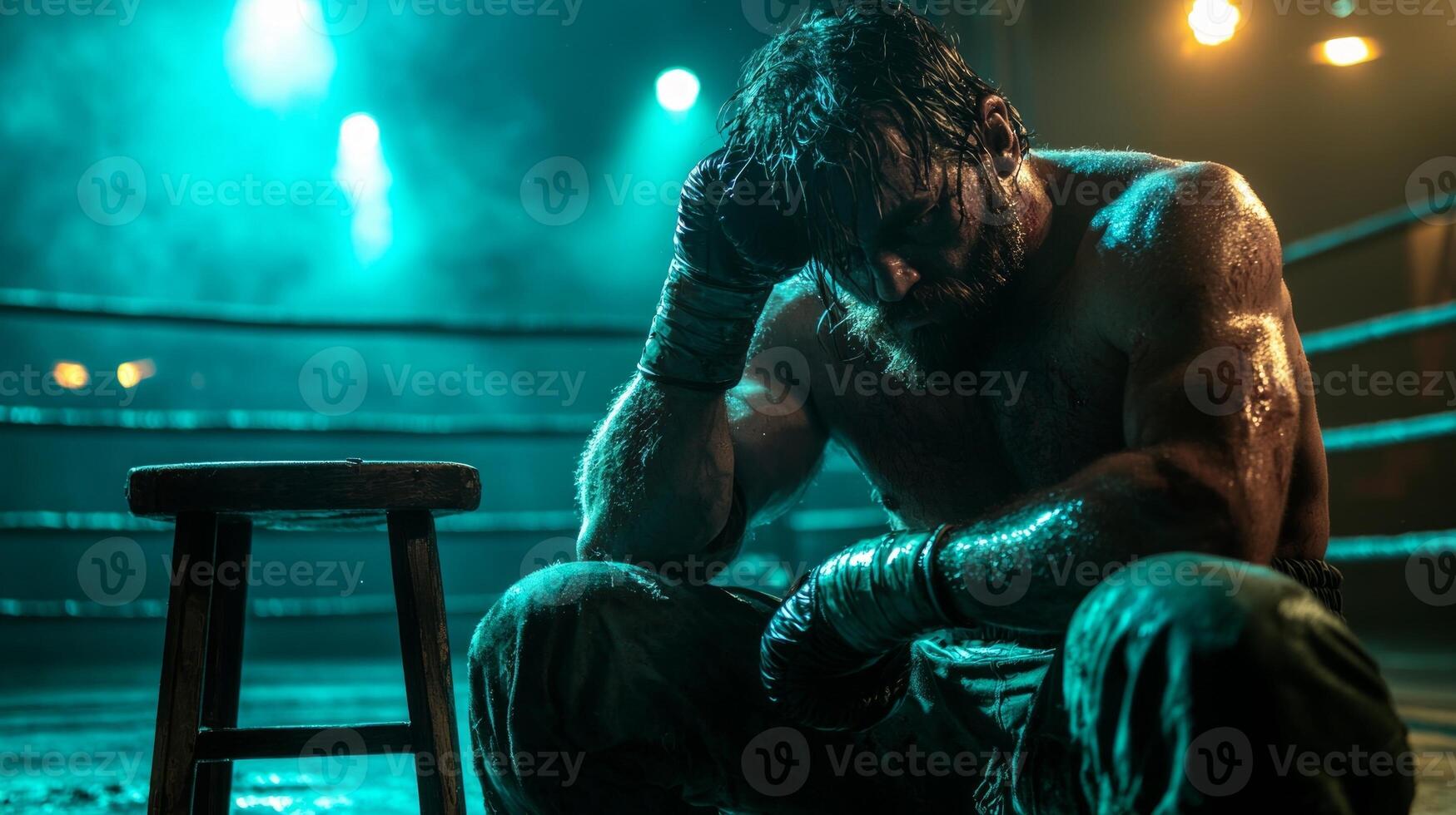 empty boxing ring emanates gritty atmosphere featuring fallen stool in corner and sagging ropes suggesting recent intense bout flickering lights photo