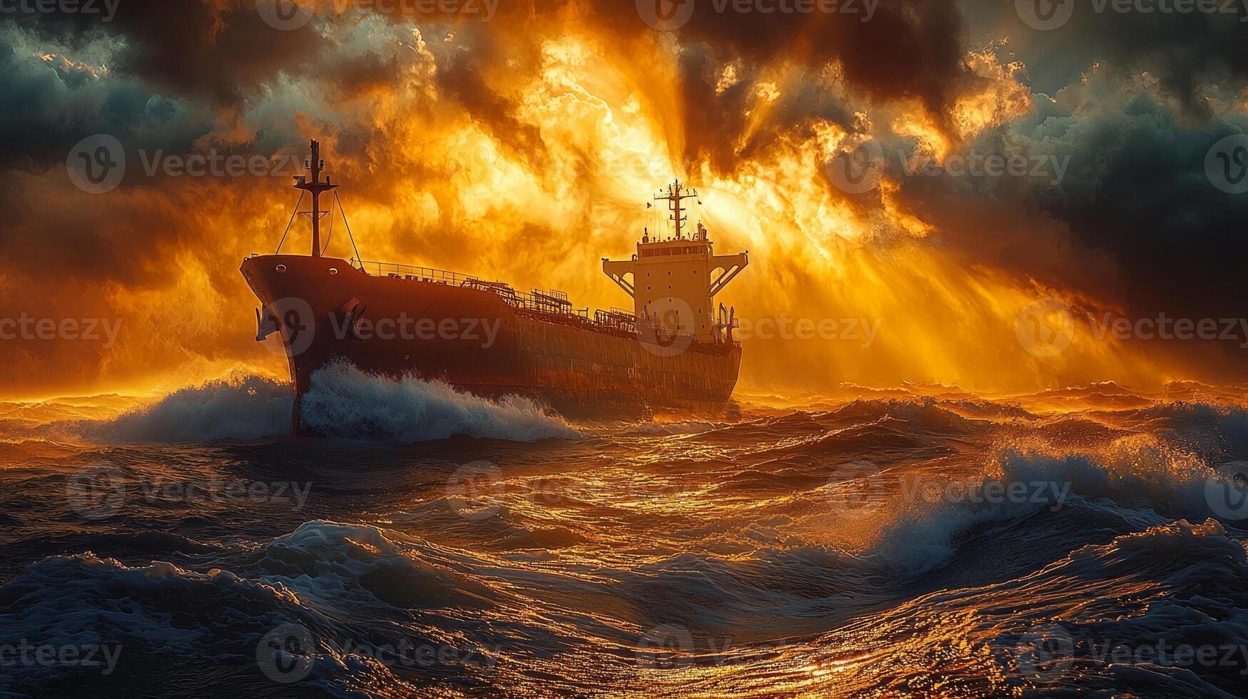 solitary tanker navigates tumultuous ocean waves as dark storm clouds loom above soft sunlight breaking through ominous atmosphere creating striking contrast photo