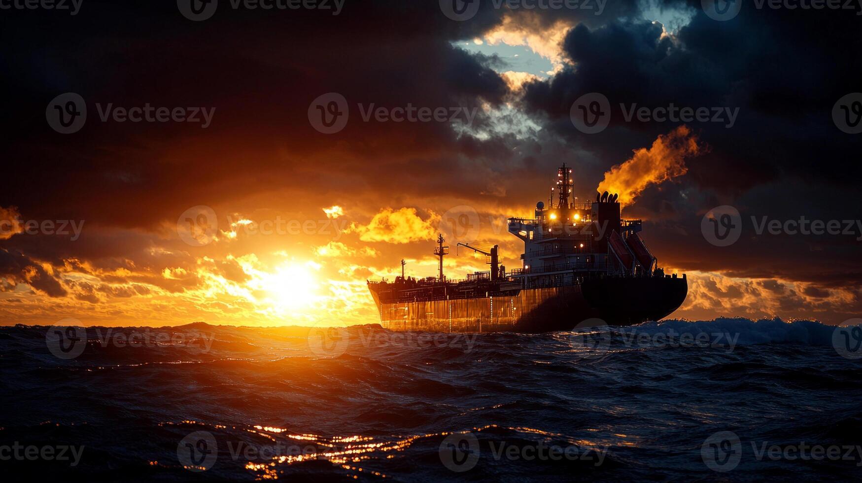 solitary tanker floats on horizon amidst towering storm clouds and choppy waves. Sunlight breaks through dark sky creating tranquil yet foreboding atmosphere dusk photo