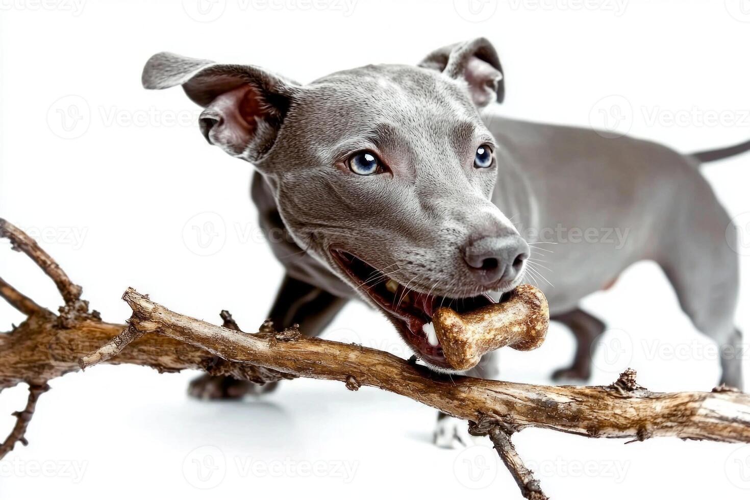 playful Blue Lacy is happily chewing on bone while standing on spotless white background. dog's excitement is evident as it engages its chew toy photo