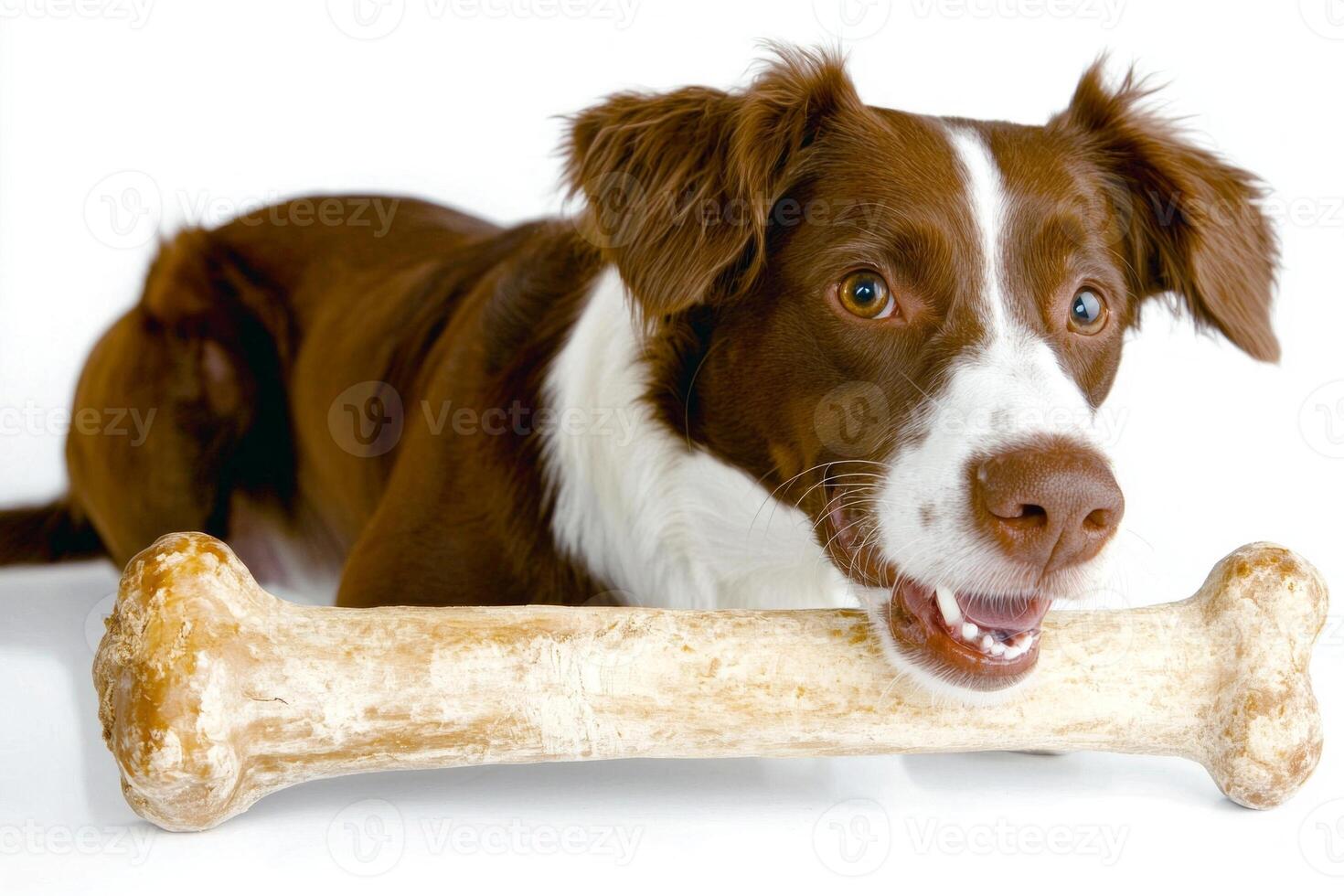 Brittany Spaniel is happily chewing on large bone playful expression. clean white background accentuates dog's fur and bright eyes emphasizing its enjoyment photo