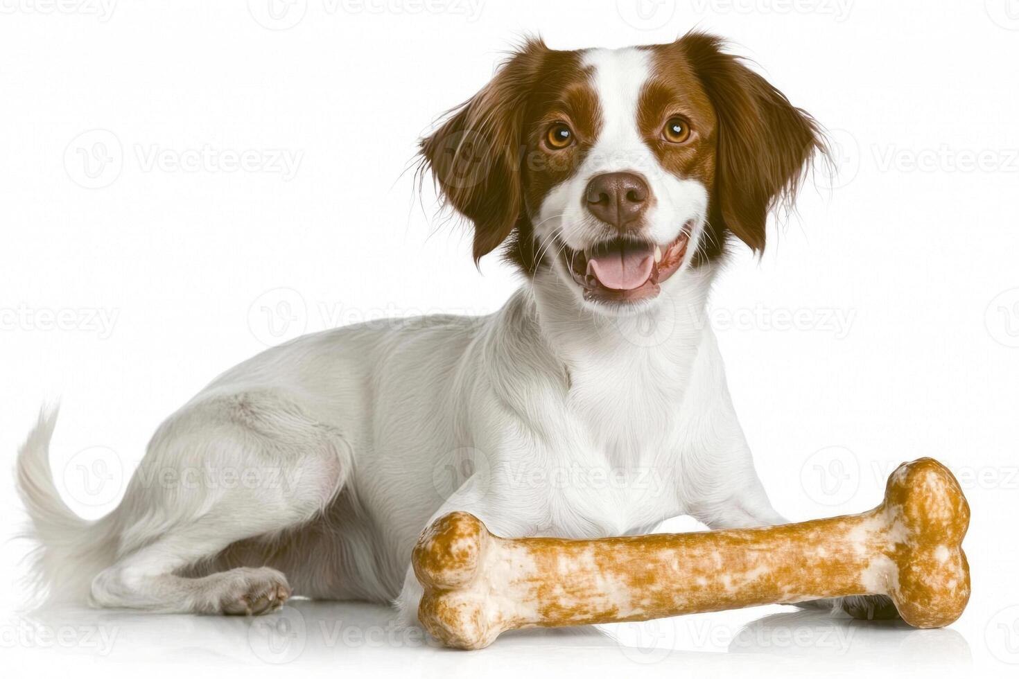 Brittany Spaniel enjoys chewing on bone enthusiasm. dog's playful expression and clean appearance stand out vividly against bright white backdrop photo