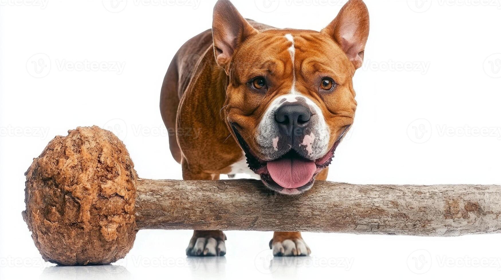 bulldog is happily chewing on large bone. dog appears content and engaged highlighting its playful nature in clean and seamless background photo