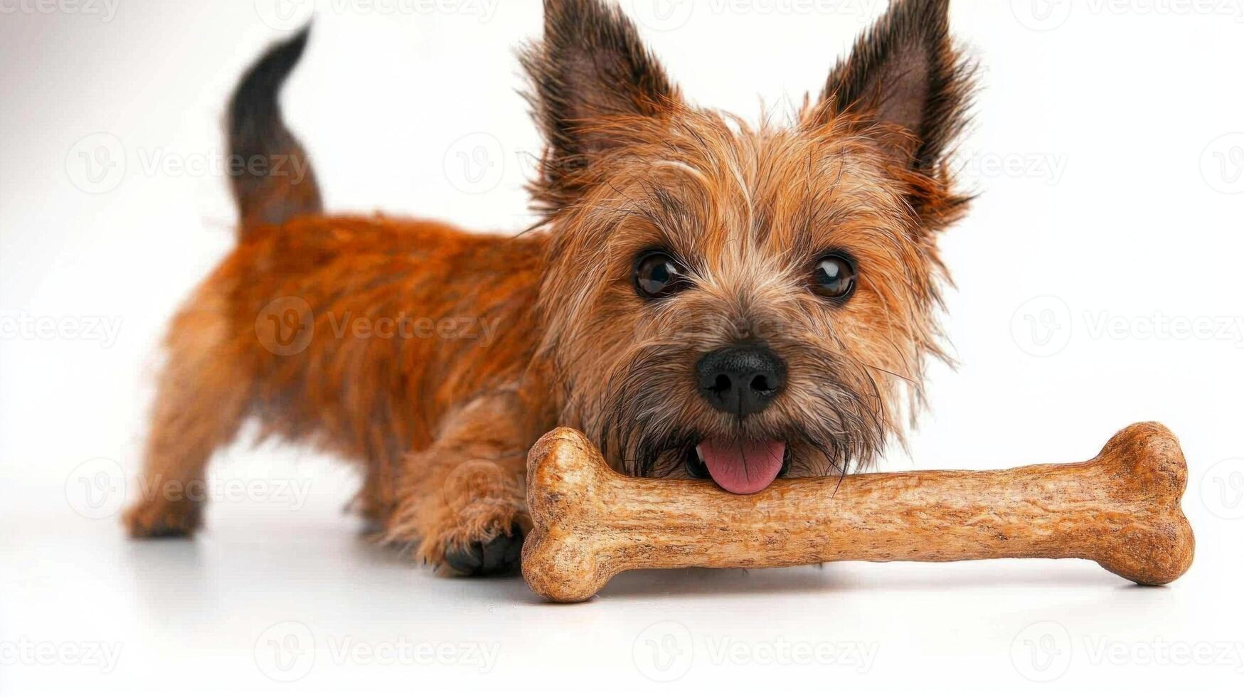 cute Cairn Terrier is engaged in chewing bone enthusiasm showcasing its playful nature and fluffy coat. bright white background emphasizes its features and charm photo