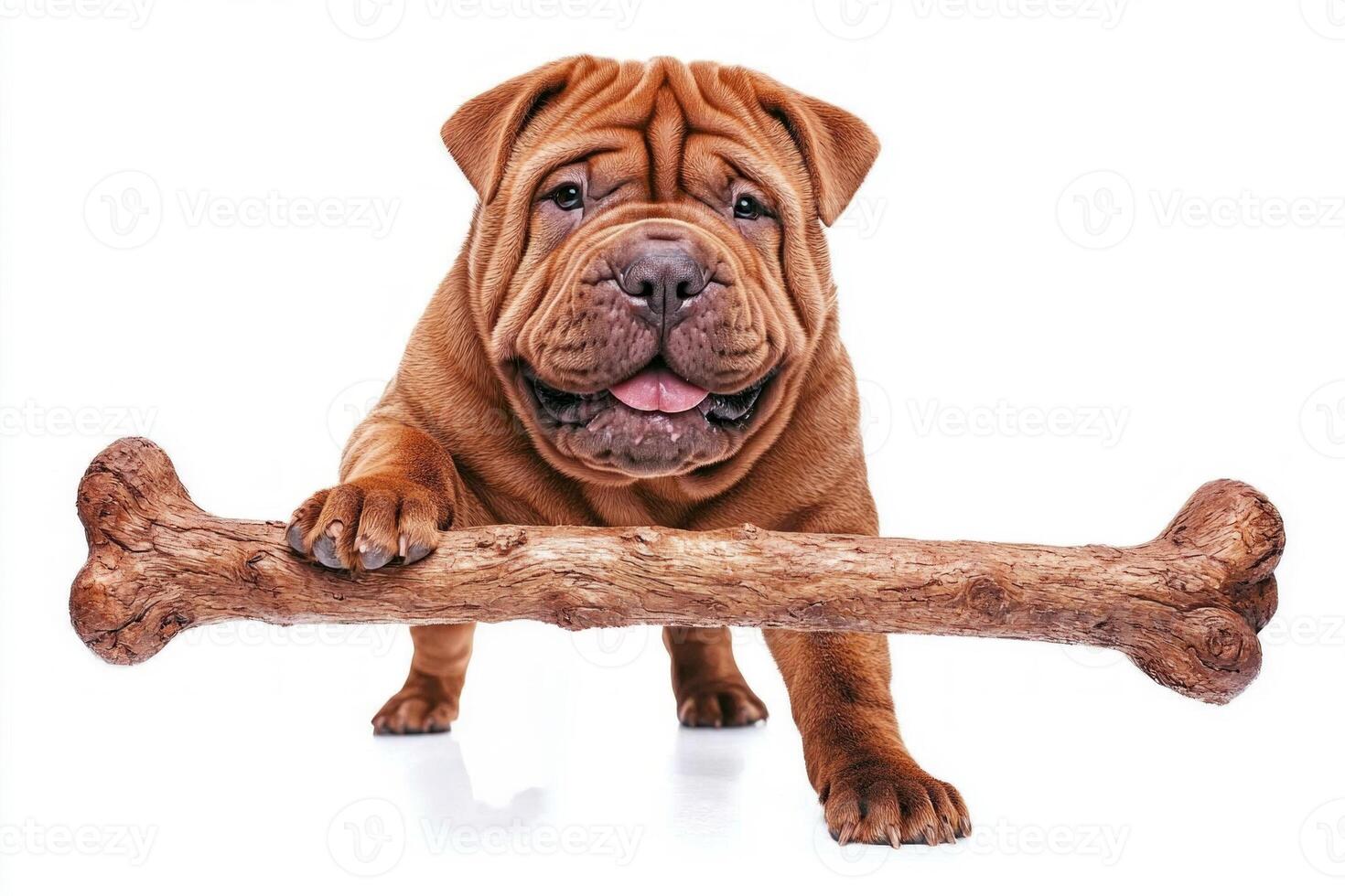 cheerful Chinese Shar Pei engages sizable bone showcasing its playful nature. bright white background emphasizes dog's wrinkled skin and joyful expression as it enjoys its treat photo