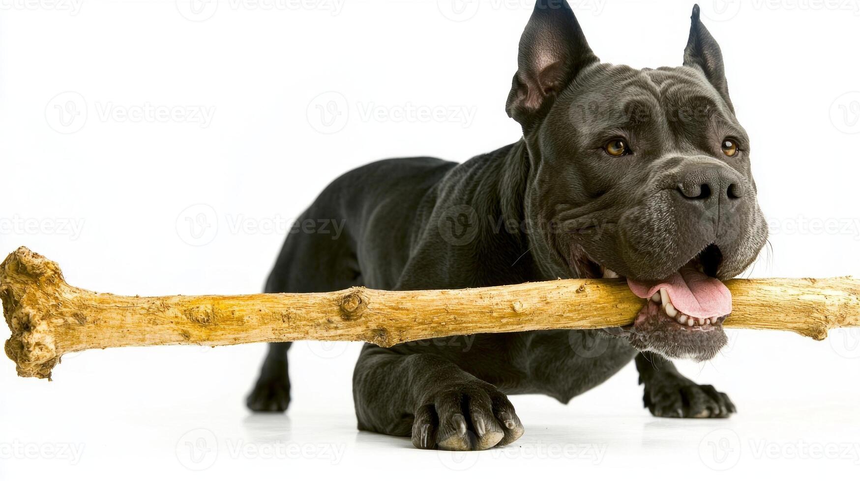 Cane Corso is happily chewing on large bone against spotless white background. dog's coat shines and its playful demeanor adds charm moment captured photo