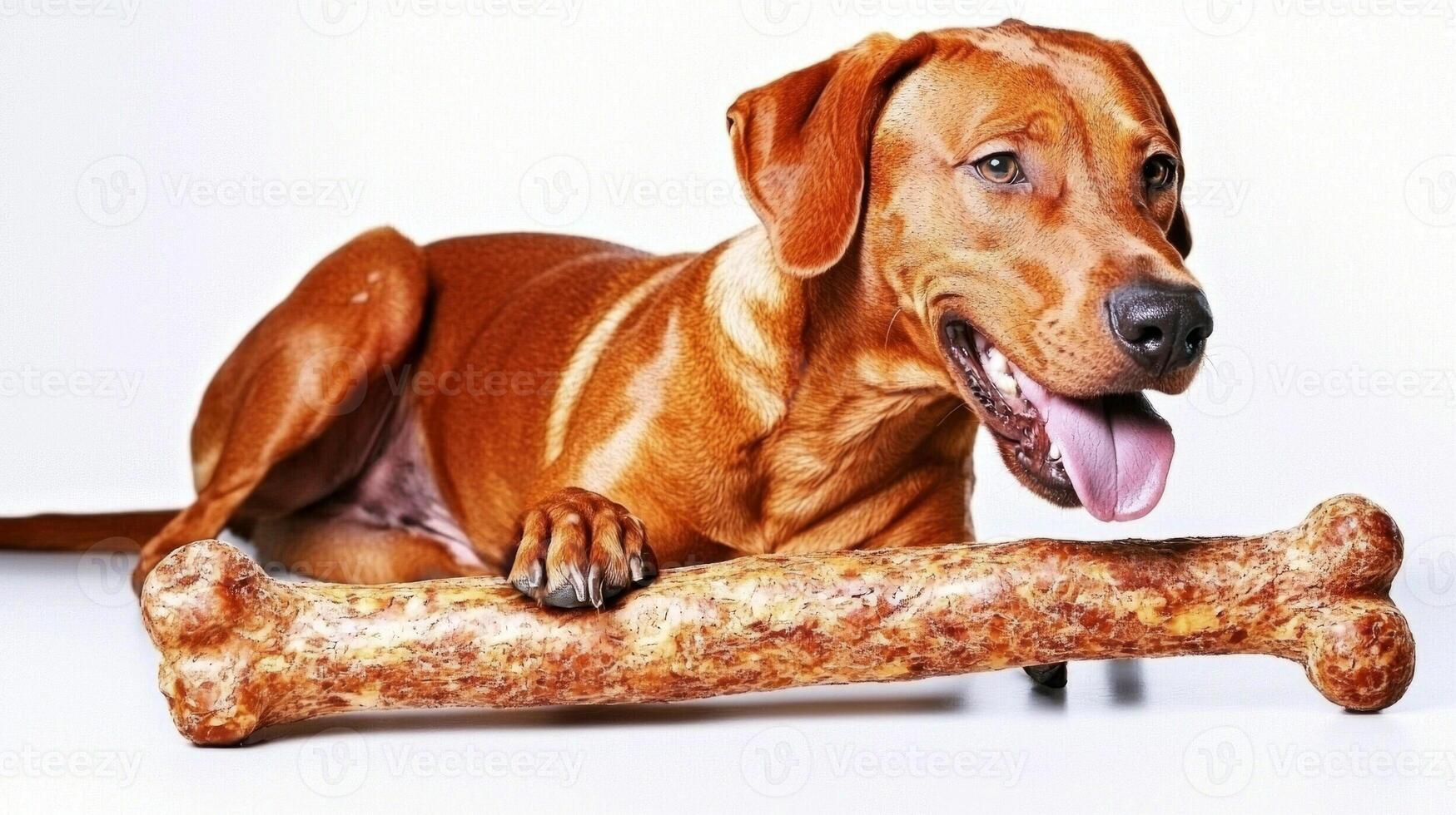 Coonhound happily chews on large bone showcasing its playful nature. dog's warm fur contrasts against bright white background creating inviting scene of joy and contentment photo