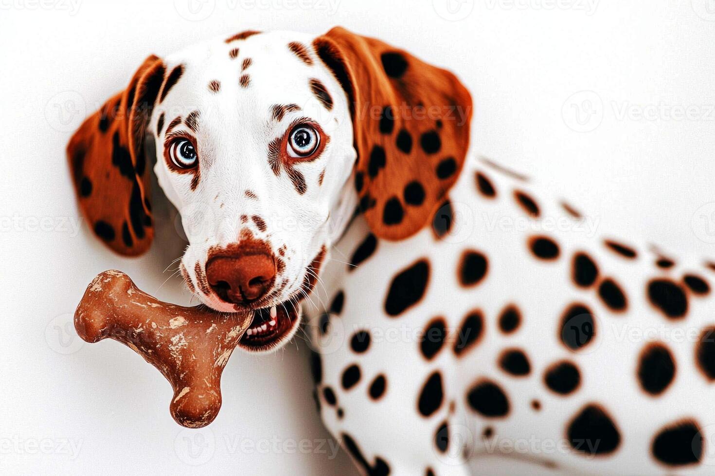playful Dalmatian dog is savoring bone while displaying energetic and joyful demeanor. Its striking spots add charm clean background photo