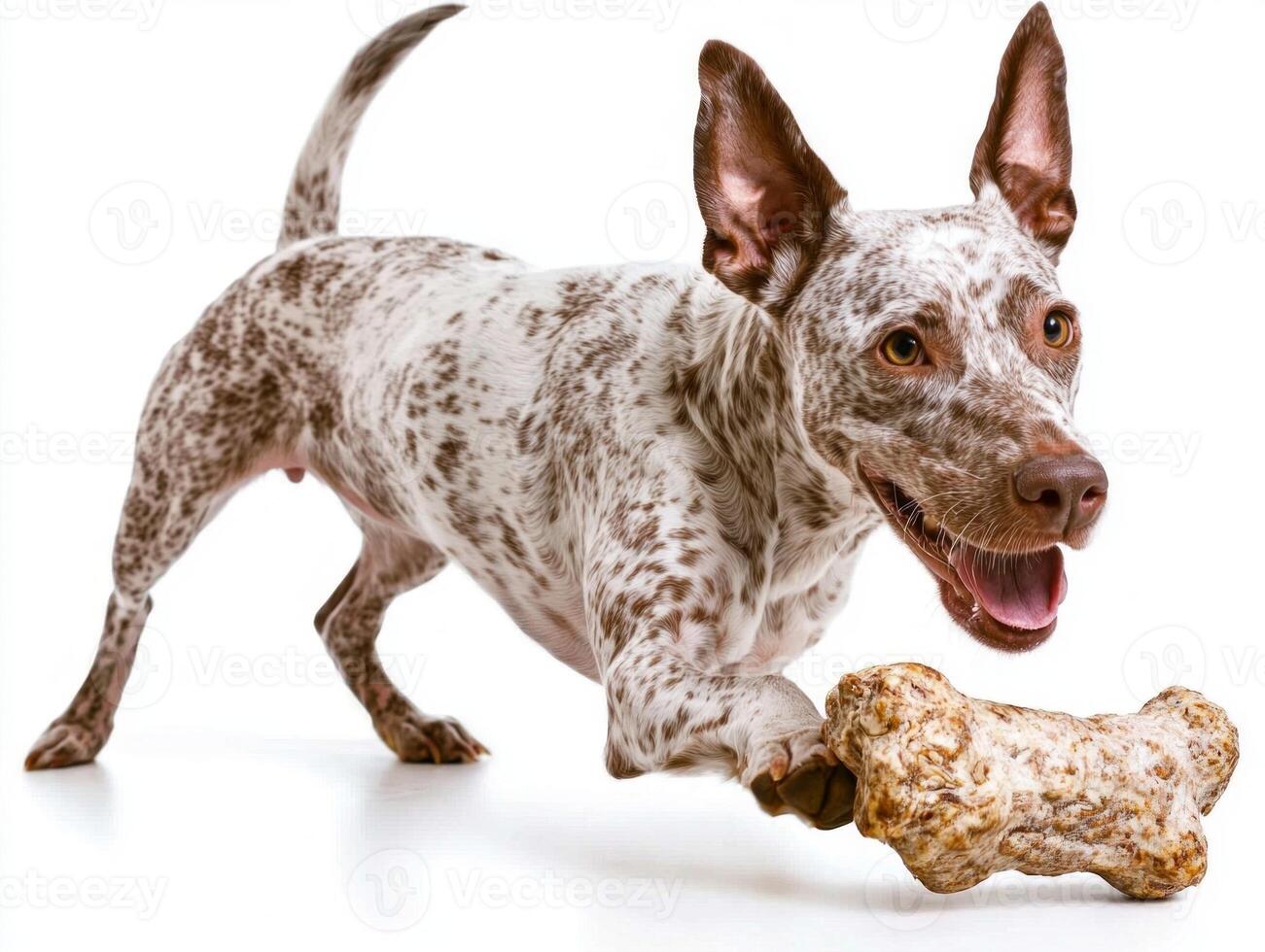 German Shorthaired Pointer enjoys chewing on bone while playfully standing on clean white background. dog's expression reflects happiness and engagement in activity photo