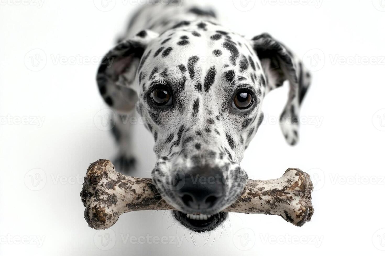 Dalmatian is happily chewing on robust bone while posed against clean white background. dog's playful demeanor and detailed markings are highlighted beautifully photo