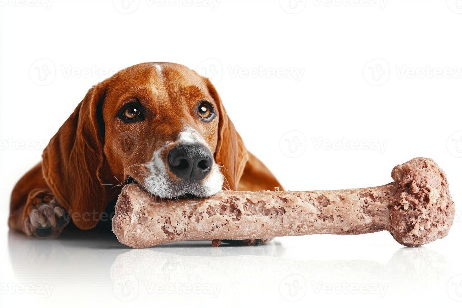 Foxhound is resting on clean white surface happily chewing on large bone. dog's focused expression shows its enjoyment during playtime treat photo