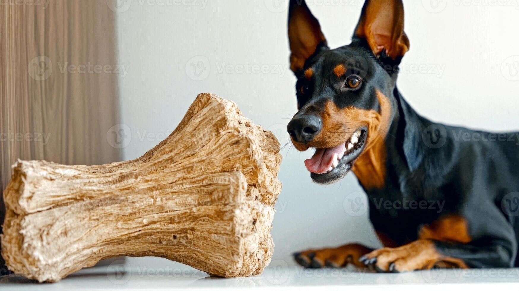Doberman Pinscher is excitedly chewing on bone in bright and clean environment. Its shiny coat and playful demeanor showcase breed's loyal and energetic nature photo