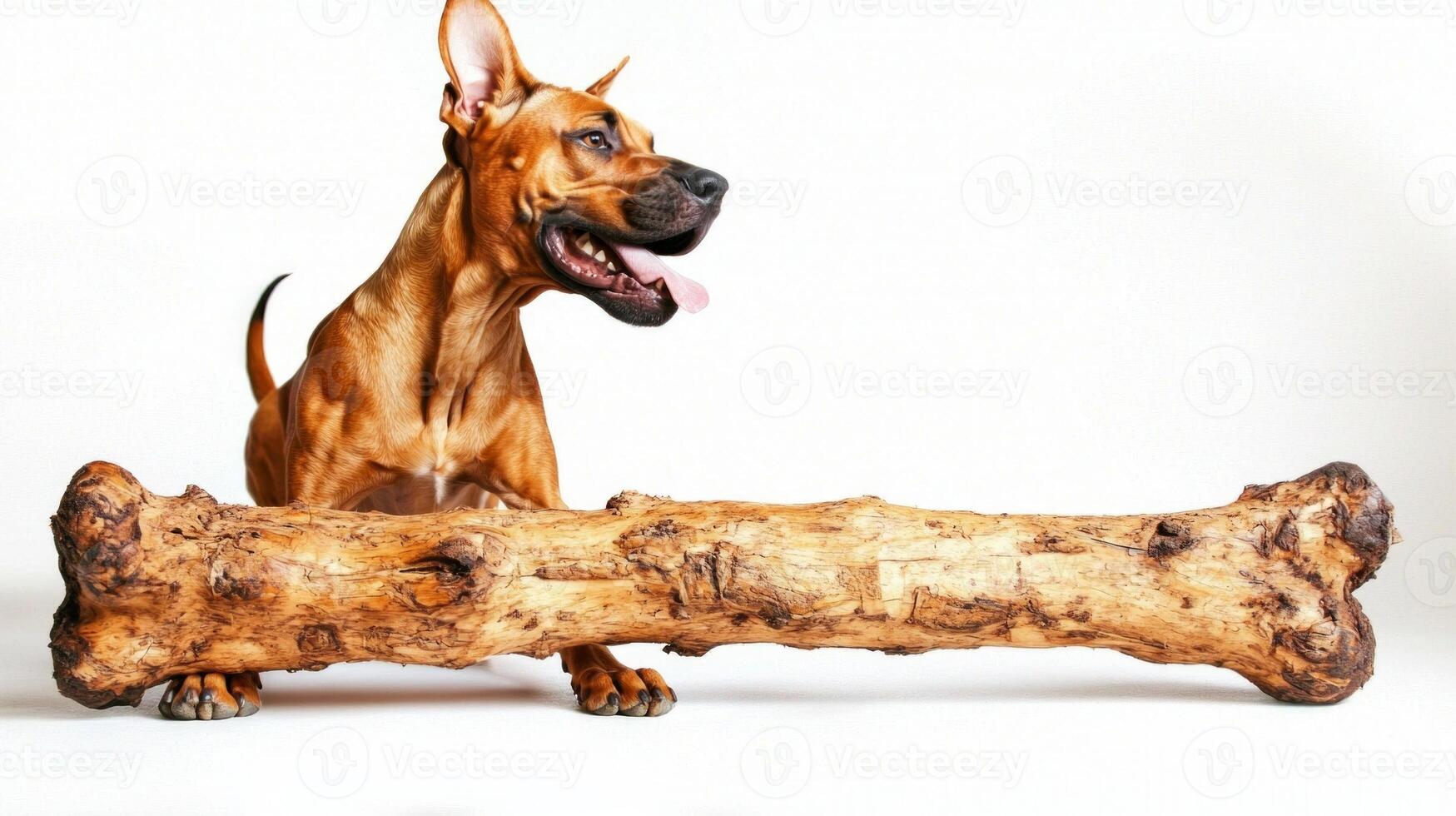 Great Dane chews on oversized bone showcasing its playful nature against pristine white backdrop. breed's features are highlighted in lively setting photo