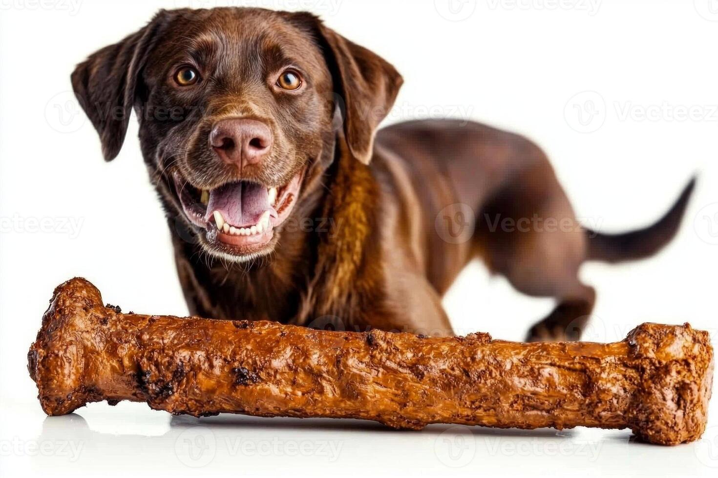 happy Labrador Retriever is caught in moment of delight while chewing on large bone. playful expression shows enthusiasm and joy as pet enjoys its treat photo