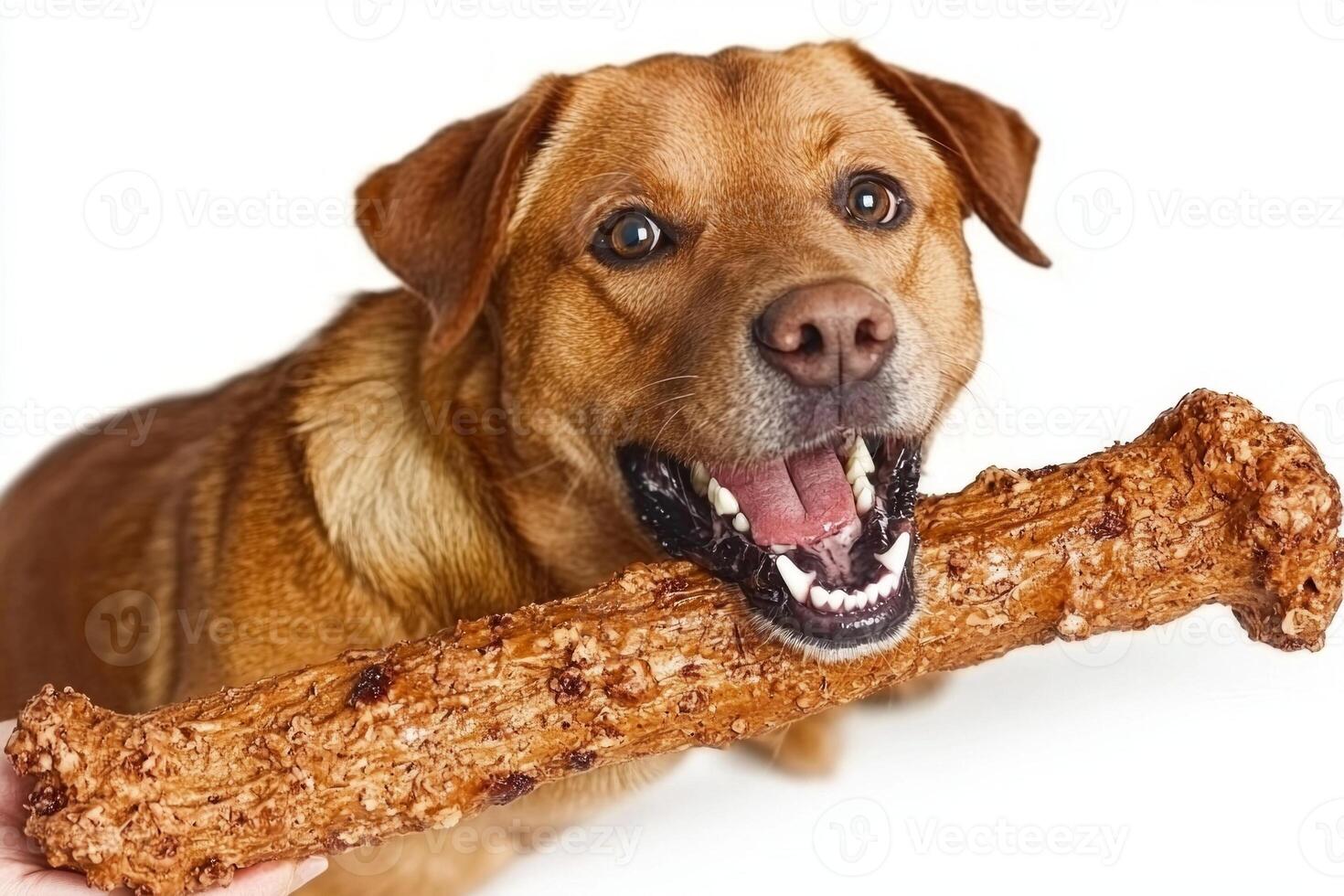 joyful Labrador Retriever enjoys chewing on large delicious bone playful expression showcasing its friendly nature in bright clean space photo