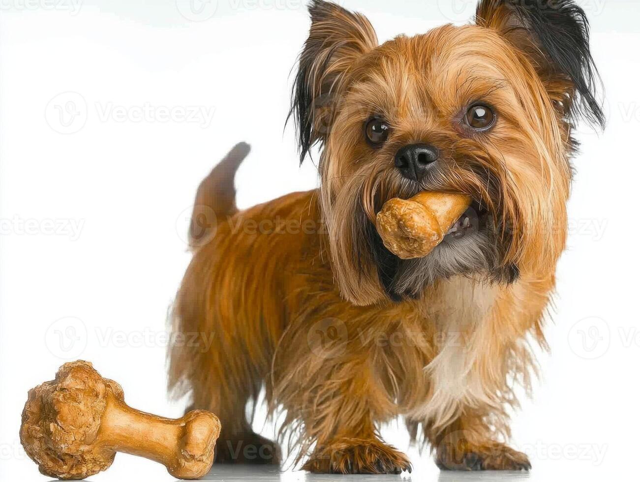 Lhasa Apso is seen chewing on bone while standing on clean white surface. dog's fur is fluffy and well groomed showcasing its playful nature and energy photo