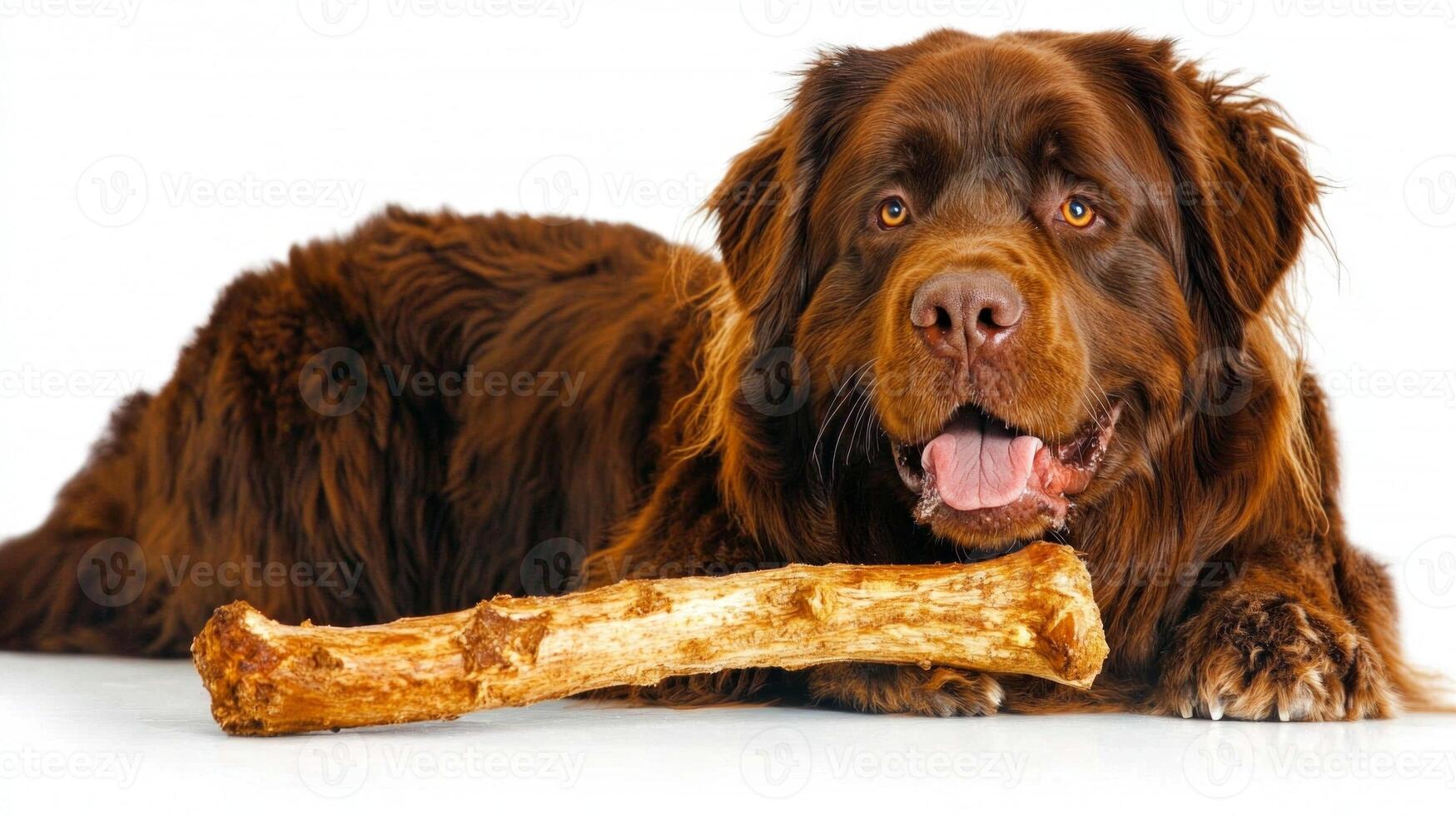 friendly Newfoundland dog is lying on clean white background happily chewing on large bone. Its shiny coat and playful expression reflect pure joy during activity photo