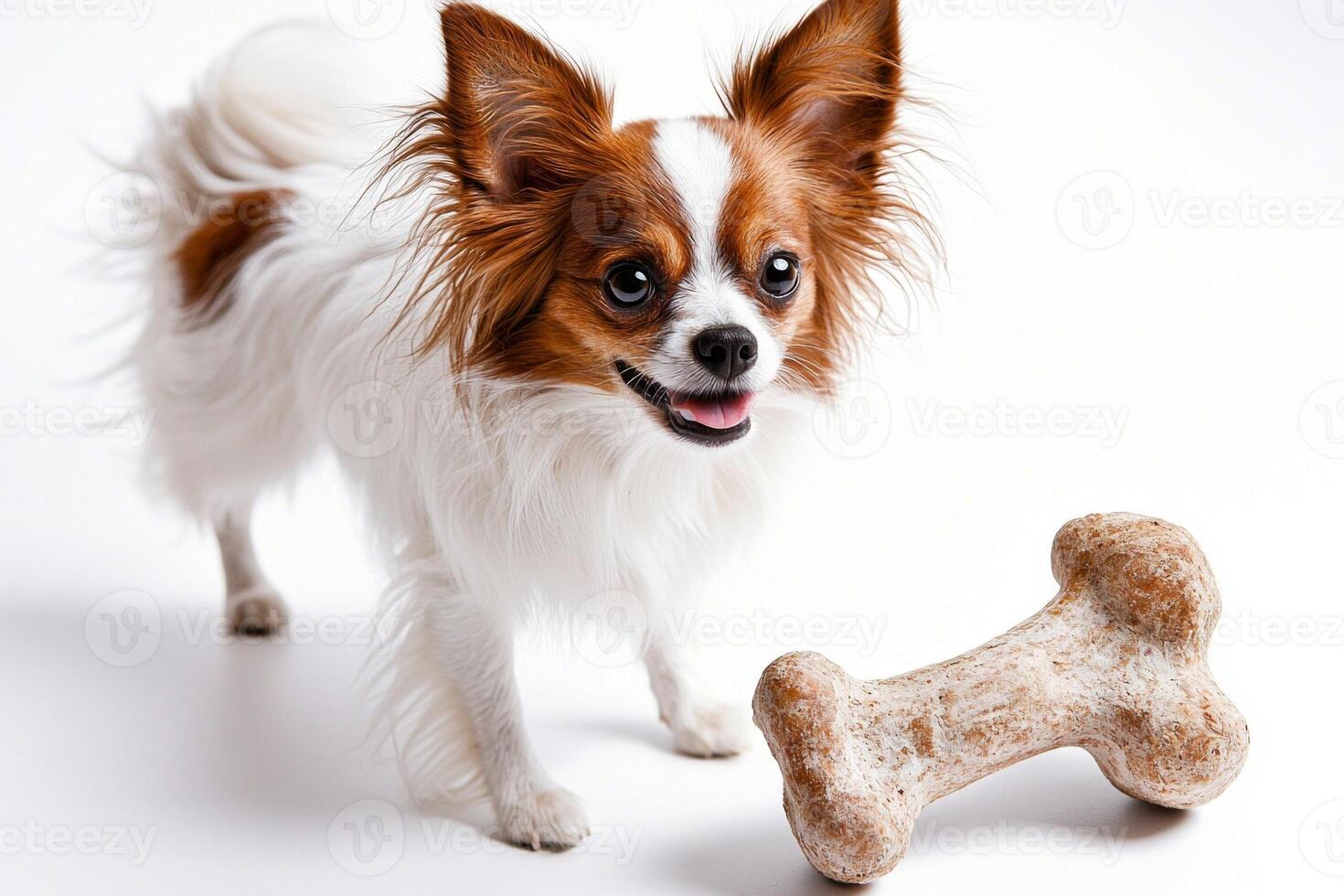 lively Papillon dog is happily chewing on bone showcasing its charming features against spotless white background. moment captures joy of playtime photo
