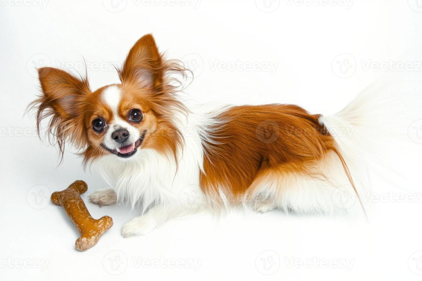 beautiful Papillon is happily chewing on bone showcasing its vibrant fur and playful demeanor. Set against clean white backdrop scene captures joy of affectionate breed photo
