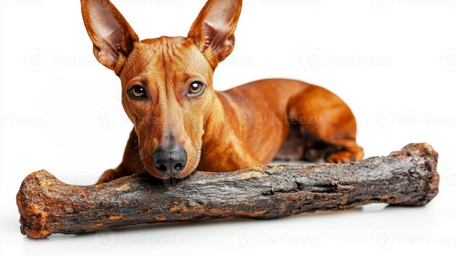 Pharaoh Hound is relaxing on clean white surface while chewing on bone. dog's elegant features and playful demeanor are highlighted in hyper realistic portrayal photo