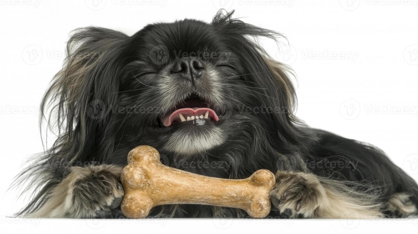 Pekingese enjoys chewing on bone blissful expression against clean white background. dog's joyful demeanor showcases its playful nature and love for treats photo