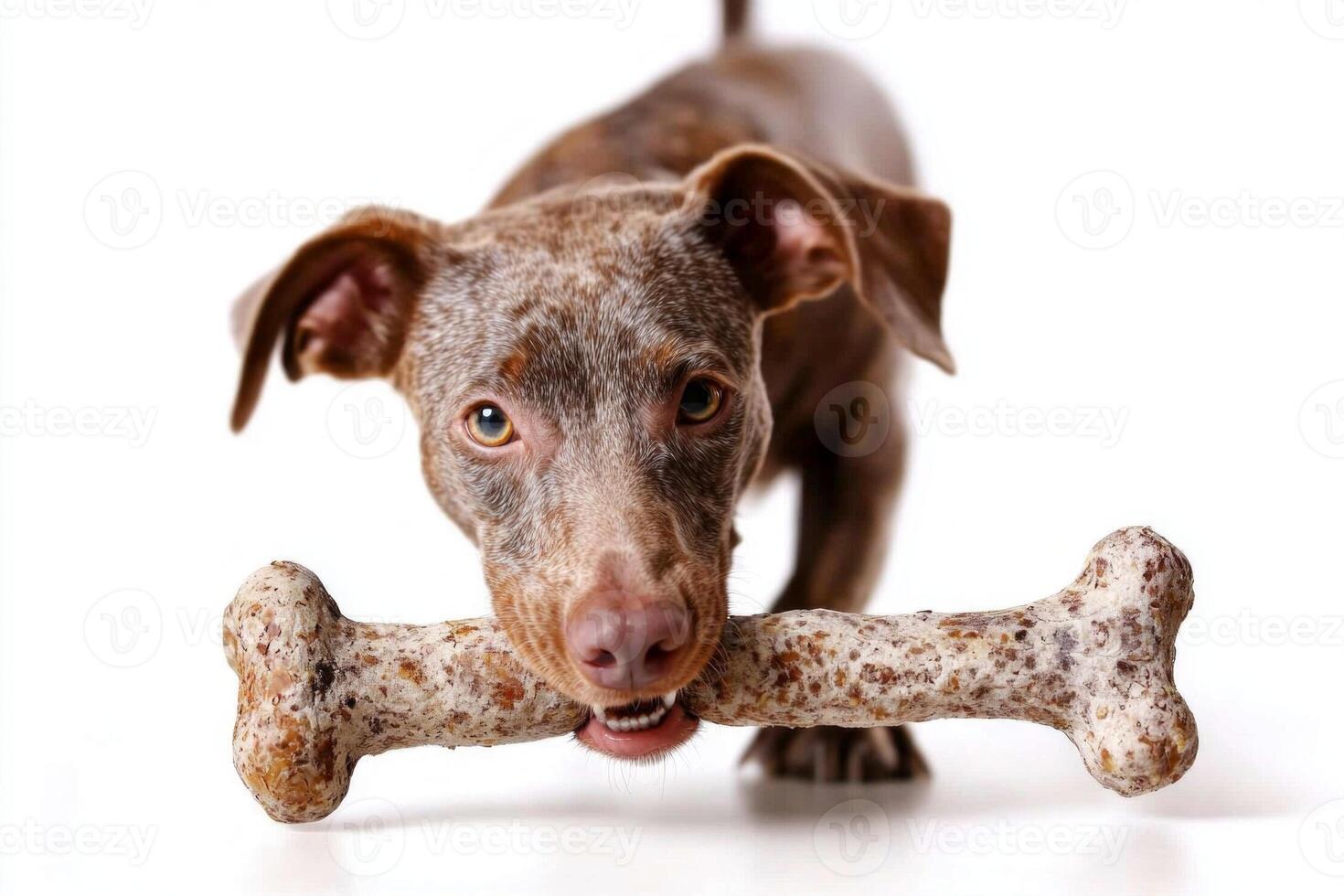 cheerful Pointer is engaged in chewing bone enthusiasm on spotless white background. playful moment captures joy and energy of beloved pet photo