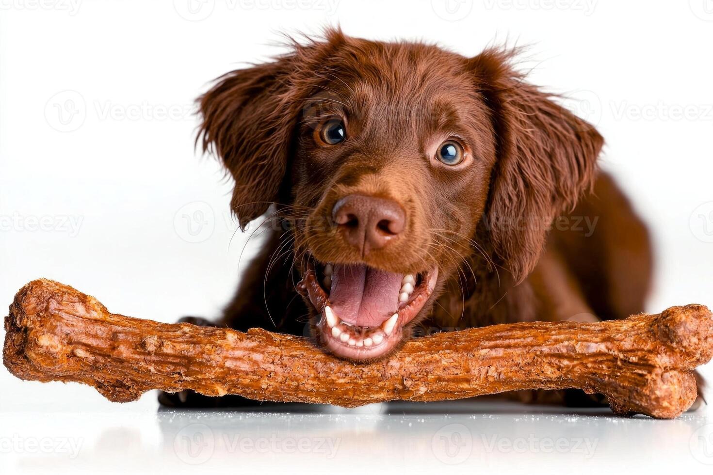 In clean white environment Pudelpointer happily chews on large bone showcasing its joyful expression and playful spirit. dog's fur gleams vibrancy photo