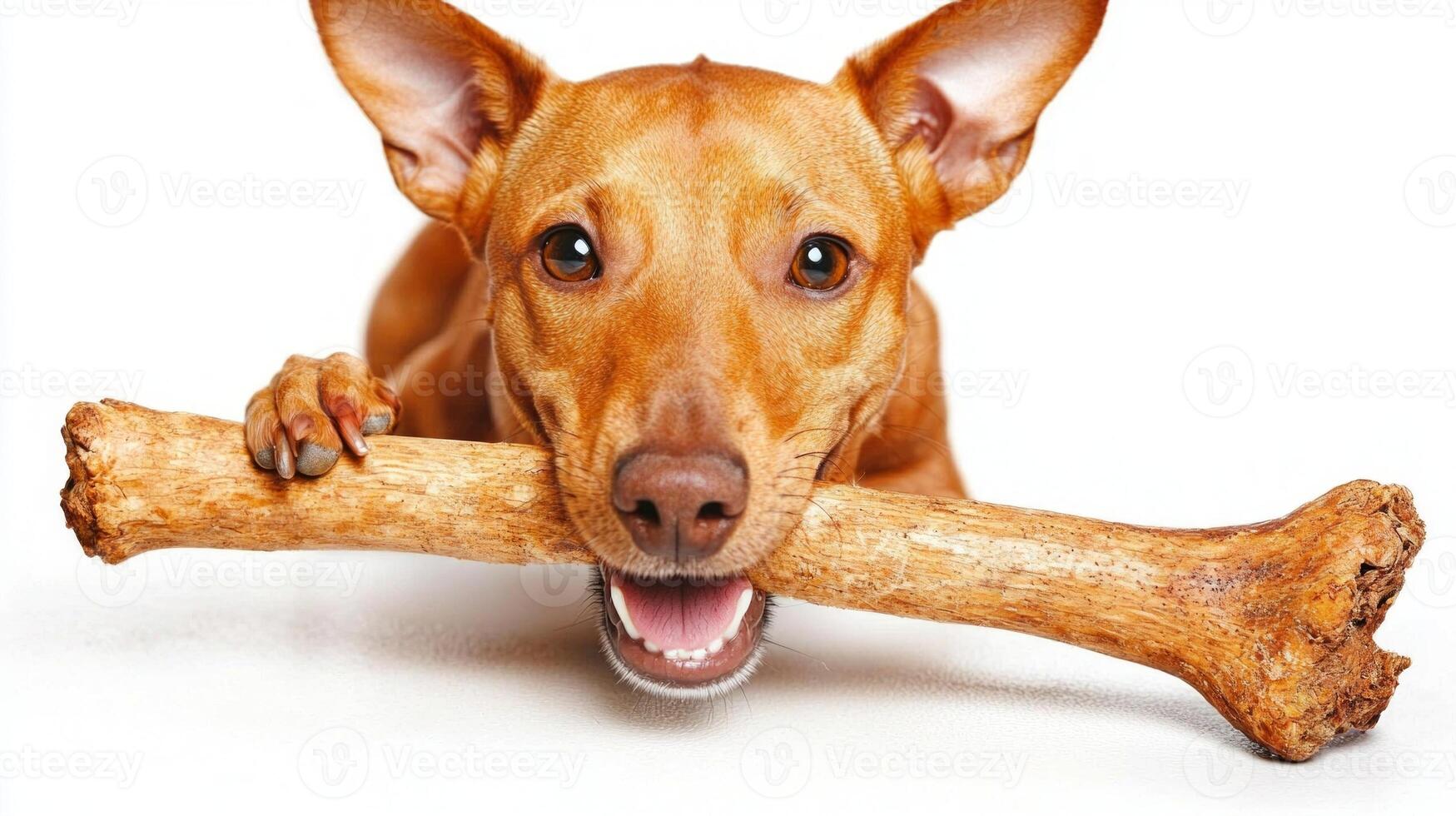 playful Portuguese Podengo is joyfully chewing on large bone while lying on clean white surface. focus is on dog's expression and texture of bone photo