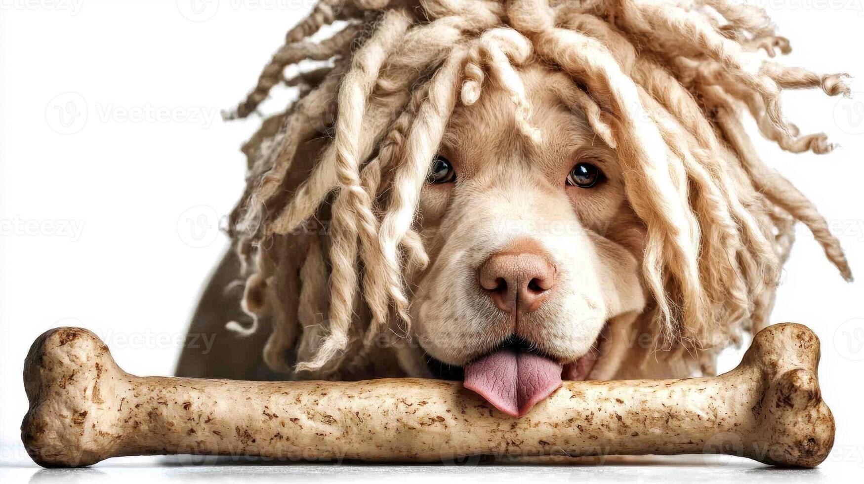 playful Puli enjoys chewing on large bone displaying its distinct fluffy coat and friendly demeanor. clean white background emphasizes its joyful expression and unique features photo