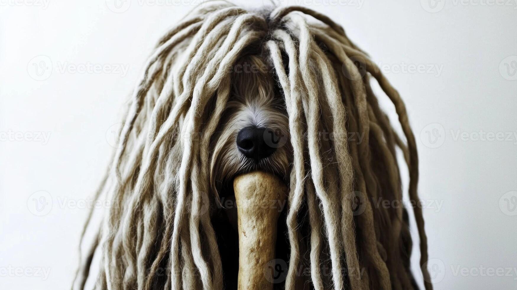 Puli joyfully chews on bone while displaying its distinctive long corded fur. clean white background emphasizes dog's playful expression and striking appearance photo