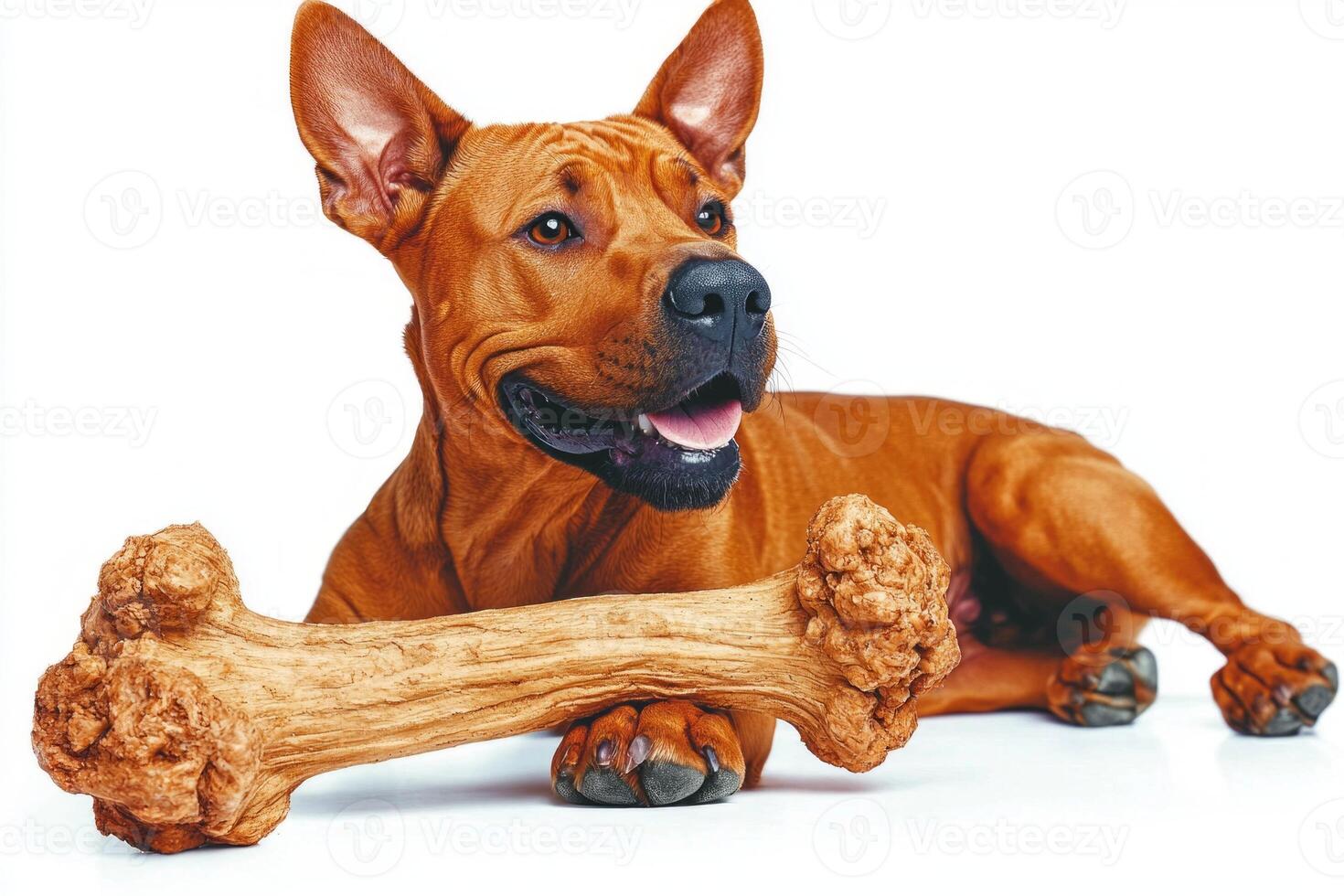 Rhodesian Ridgeback is happily chewing on large bone while resting on clean white background. Its expressive face shows joy as it engages in activity showcasing its playful nature photo